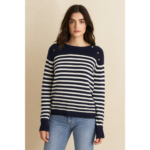 J.Crew Nautical Stripe Pullover Sweater Large Linen Cotton Classic Knit Buttons - Picture 1 of 12